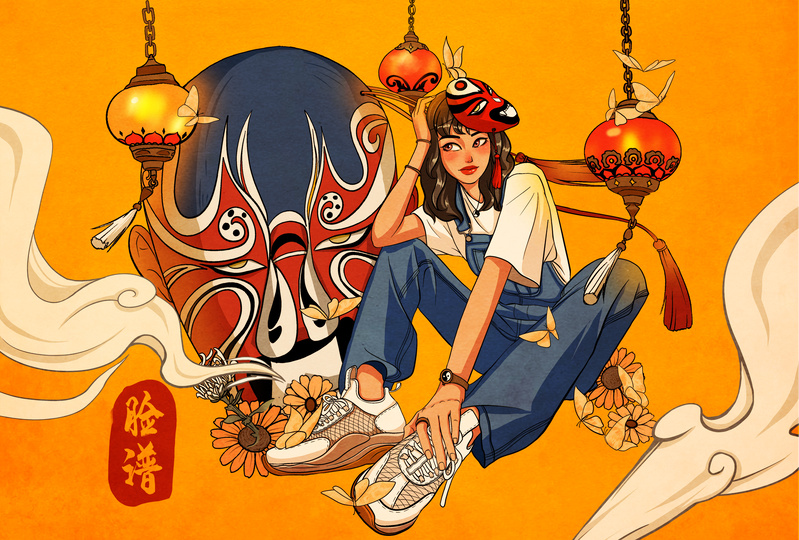 国潮女孩京剧脸谱插画，高清JPG+PSD设计素材，免费下载！