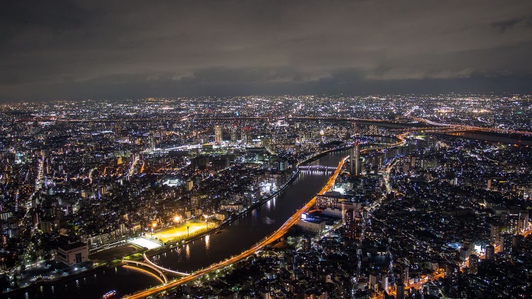夜城隅田，日本特色建筑与河流美景，超清4K壁纸（3840x2160）免费下载