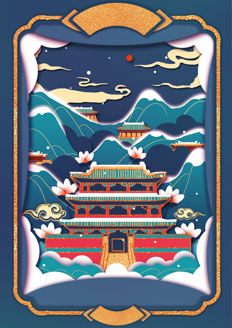 国潮仙鹤手绘插画，白云中国风壁纸，高清JPG/PSD设计素材下载
