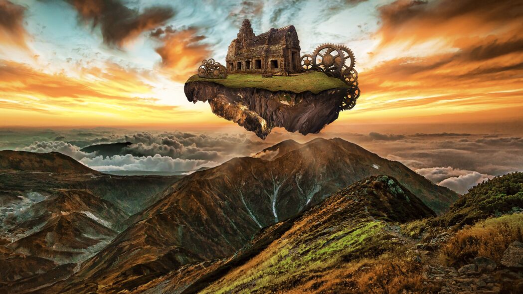 蒸汽朋克山脉建筑，发动机与齿轮的奇幻世界 - 4K高清Photoshop壁纸下载