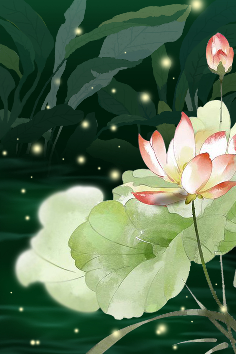 7月手绘荷花海报，高清JPG+PSD设计素材，卡通手绘风格，免费下载