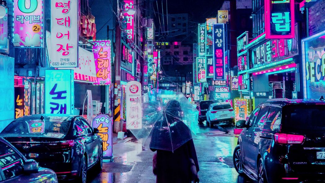 夜城街道，霓虹下的伞影与招牌，超清4K风景壁纸下载（3840x2160）