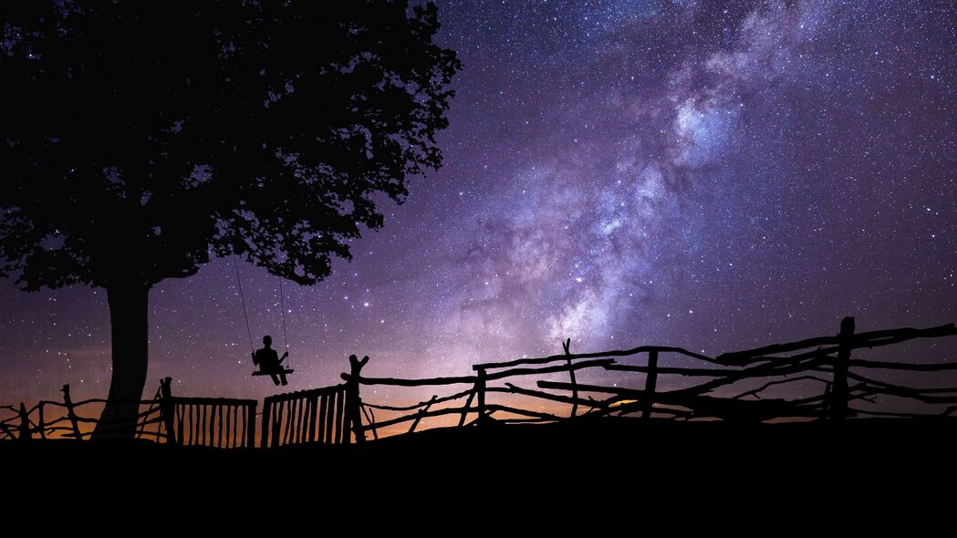 星空剪影秋千树夜，绝美4K壁纸，3840x2160高清背景图片下载