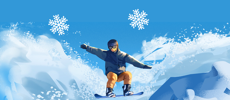 滑雪手绘卡通雪花蓝色Banner，高清JPG与PSD设计素材下载