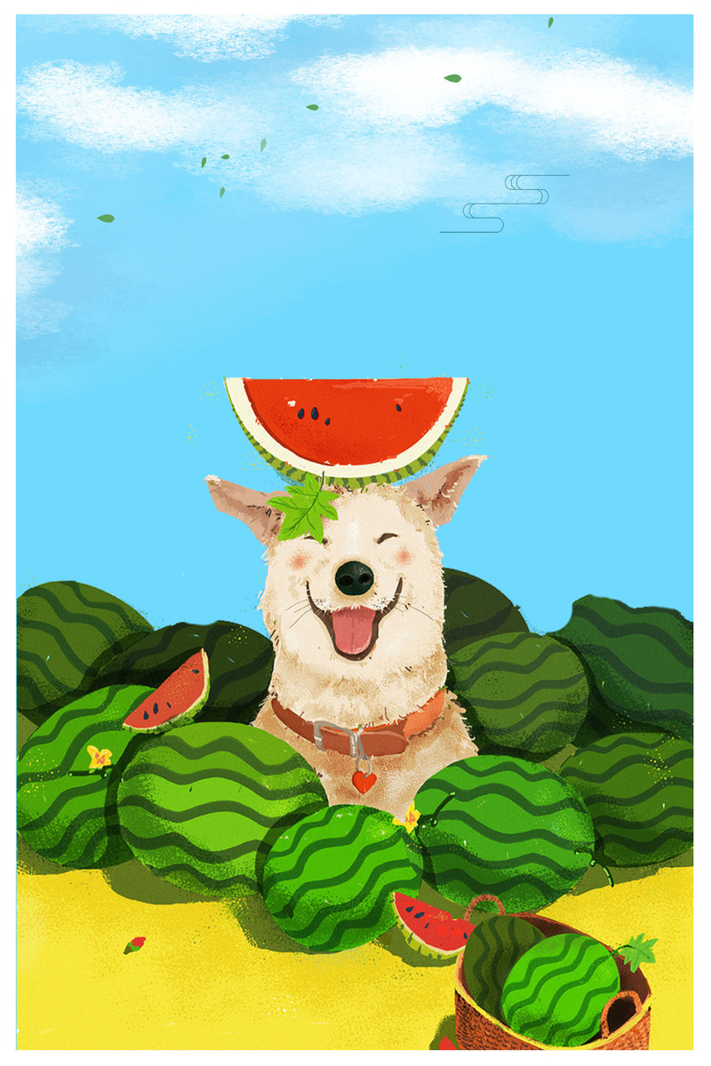 夏至节气狗狗吃西瓜插画，高清JPG/PSD卡通手绘设计素材下载