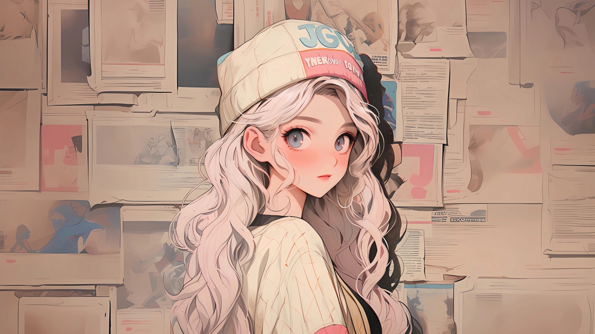 报纸墙背景下的可爱女孩白媗，精选4K动漫壁纸，高清大图3840x2160，一键下载！