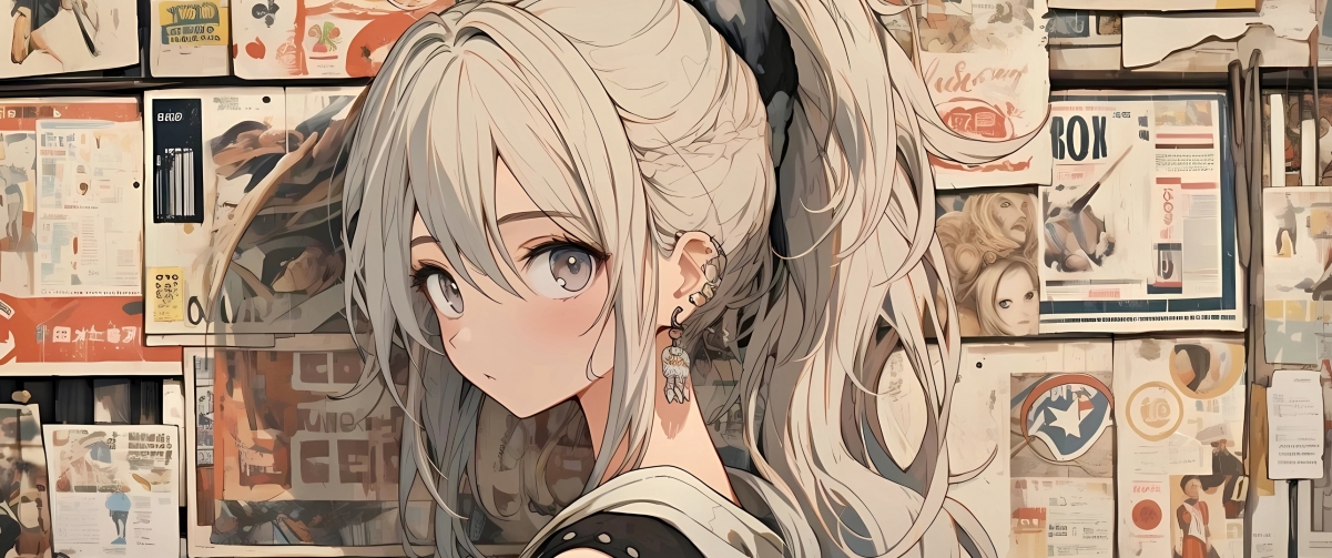 报纸墙背景马尾辫女孩4K高清动漫壁纸，带鱼屏适配，3440x1440分辨率下载