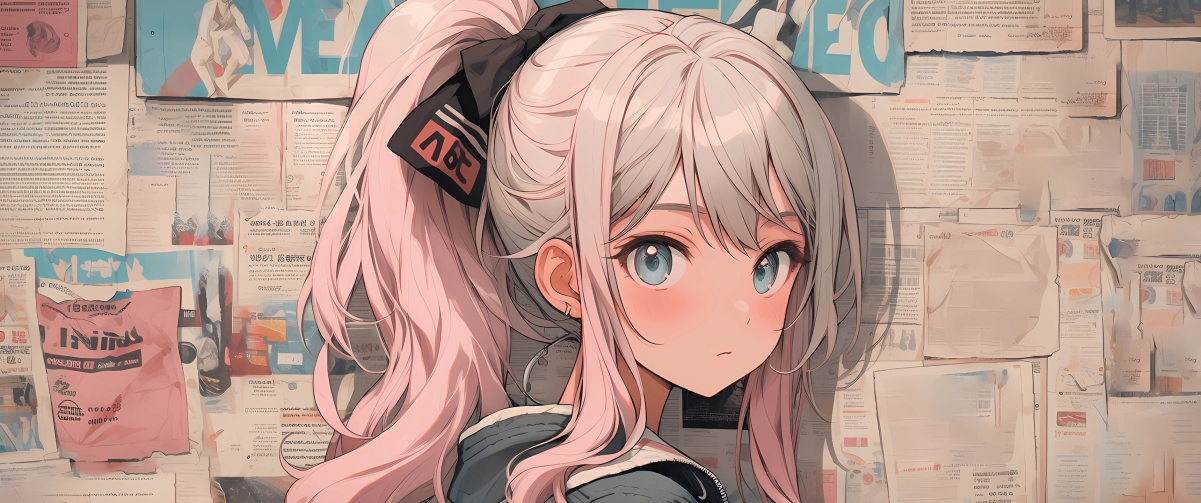 报纸墙背景马尾辫少女动漫壁纸 - 4K高清带鱼屏版，3440x1440分辨率免费下载