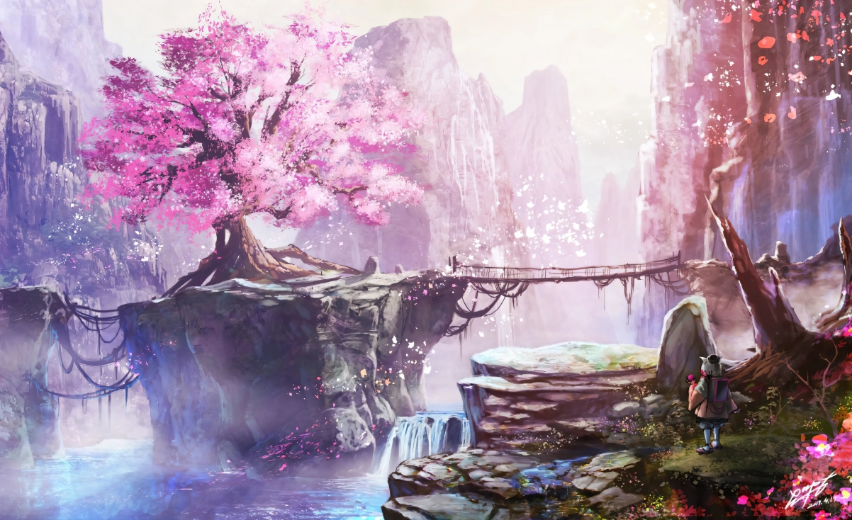 花树瀑布与世外桃园绝美融合，高清4K风景壁纸下载（3840x2344）