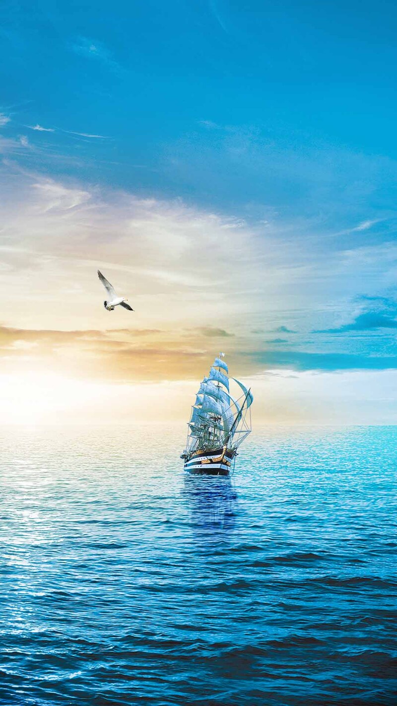 蓝色湖面帆船海鸥美景，高清JPG摄影素材与PSD设计下载
