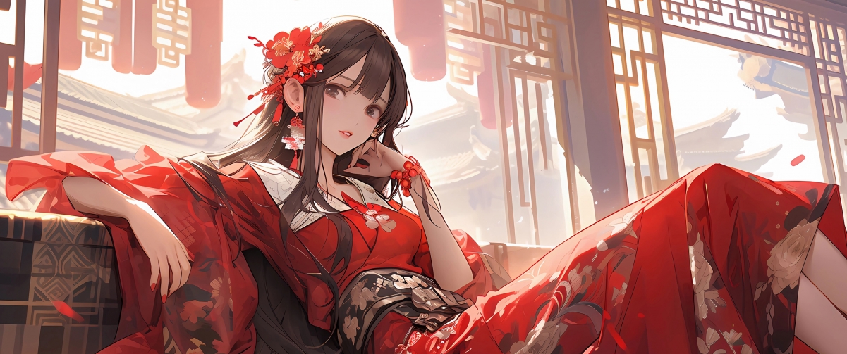 唯美古风新娘，红衣翩跹，华丽头饰，3440x1440带鱼屏壁纸，动漫高清4K下载