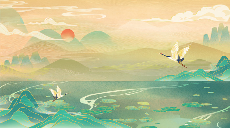 国潮仙鹤山水风景，复古中国风高清JPG设计素材，一键下载