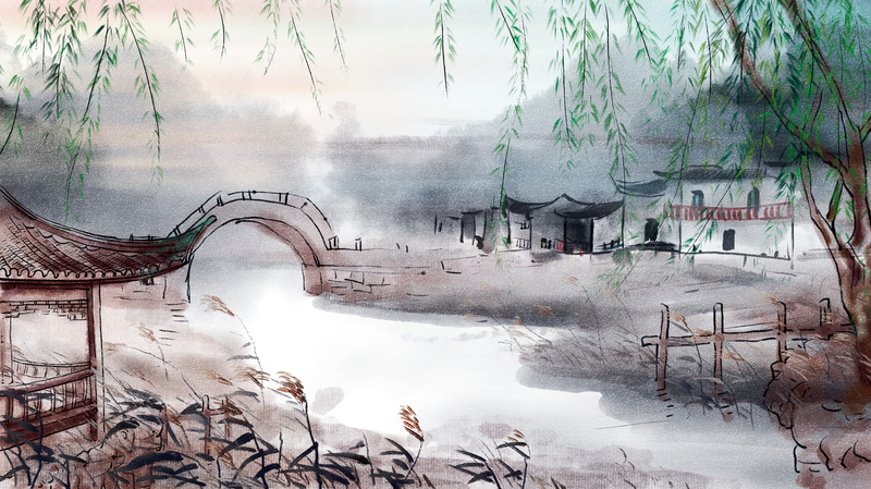 水墨古风柳条亭台背景图，高清JPG素材，复古中国风设计元素下载