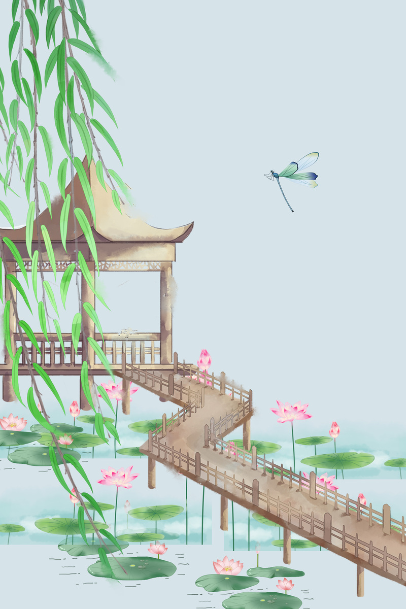手绘古风亭台背景图，高清JPG & 复古PSD设计素材，免费下载！