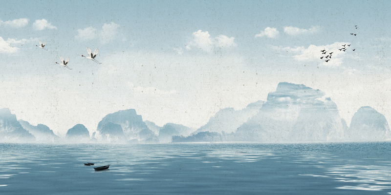 大海蓝波映高山，海鸥飞翔古风韵，高清JPG/复古PSD设计素材下载