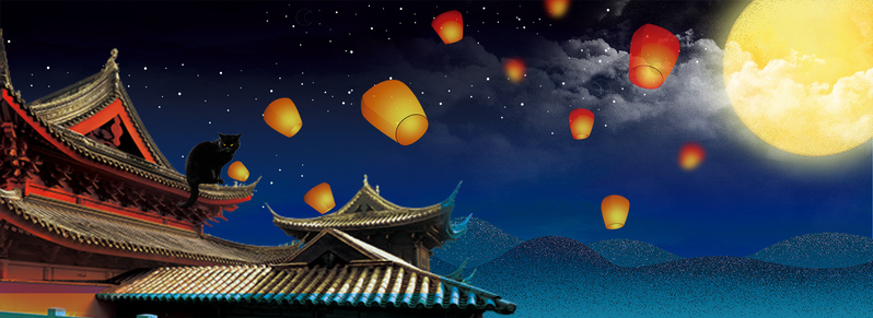中秋节，月圆之夜远山楼阁复古中国风高清图片素材，JPG/PSD格式下载