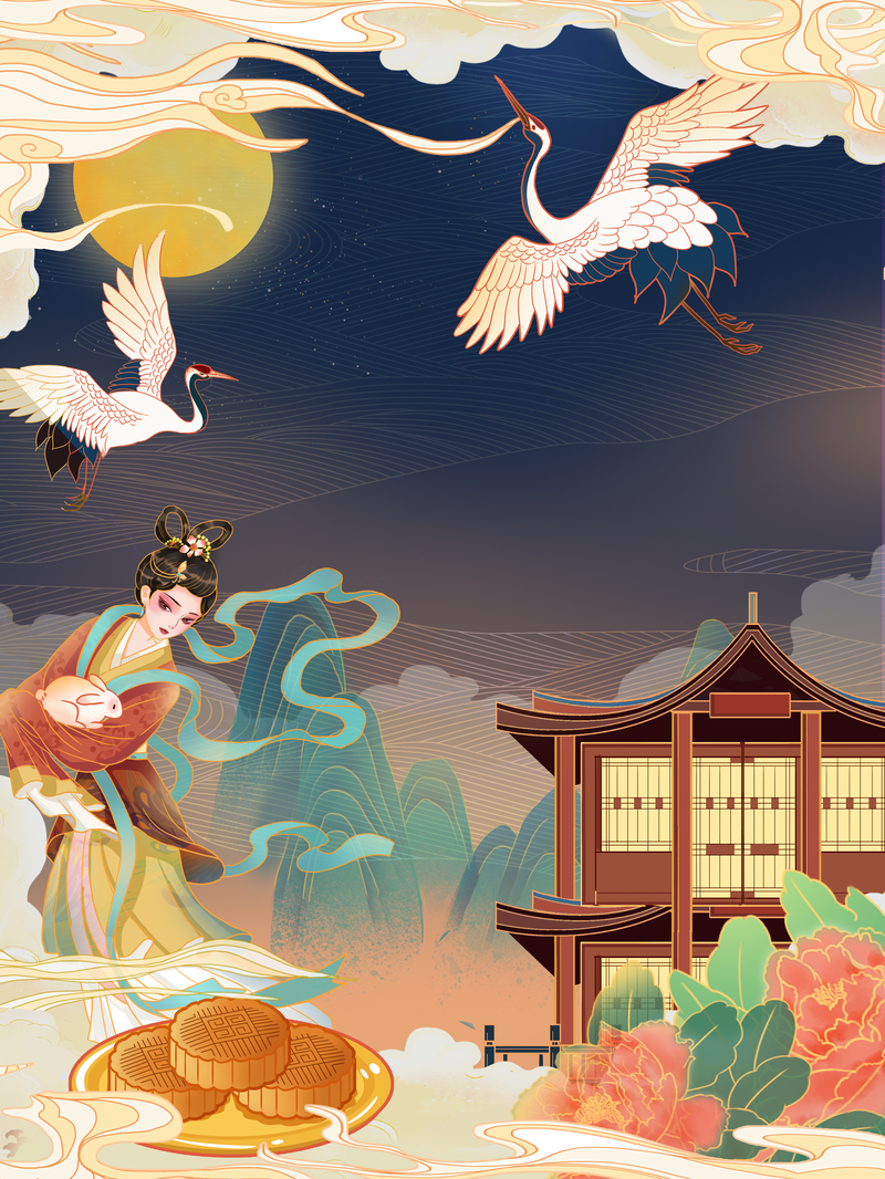 中秋节手绘背景，嫦娥仙鹤祥云月楼阁月饼，复古中国风高清JPG素材下载