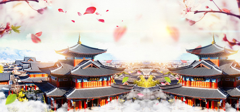 中国风古代建筑酒水海报背景，复古高清JPG与PSD设计素材免费下载
