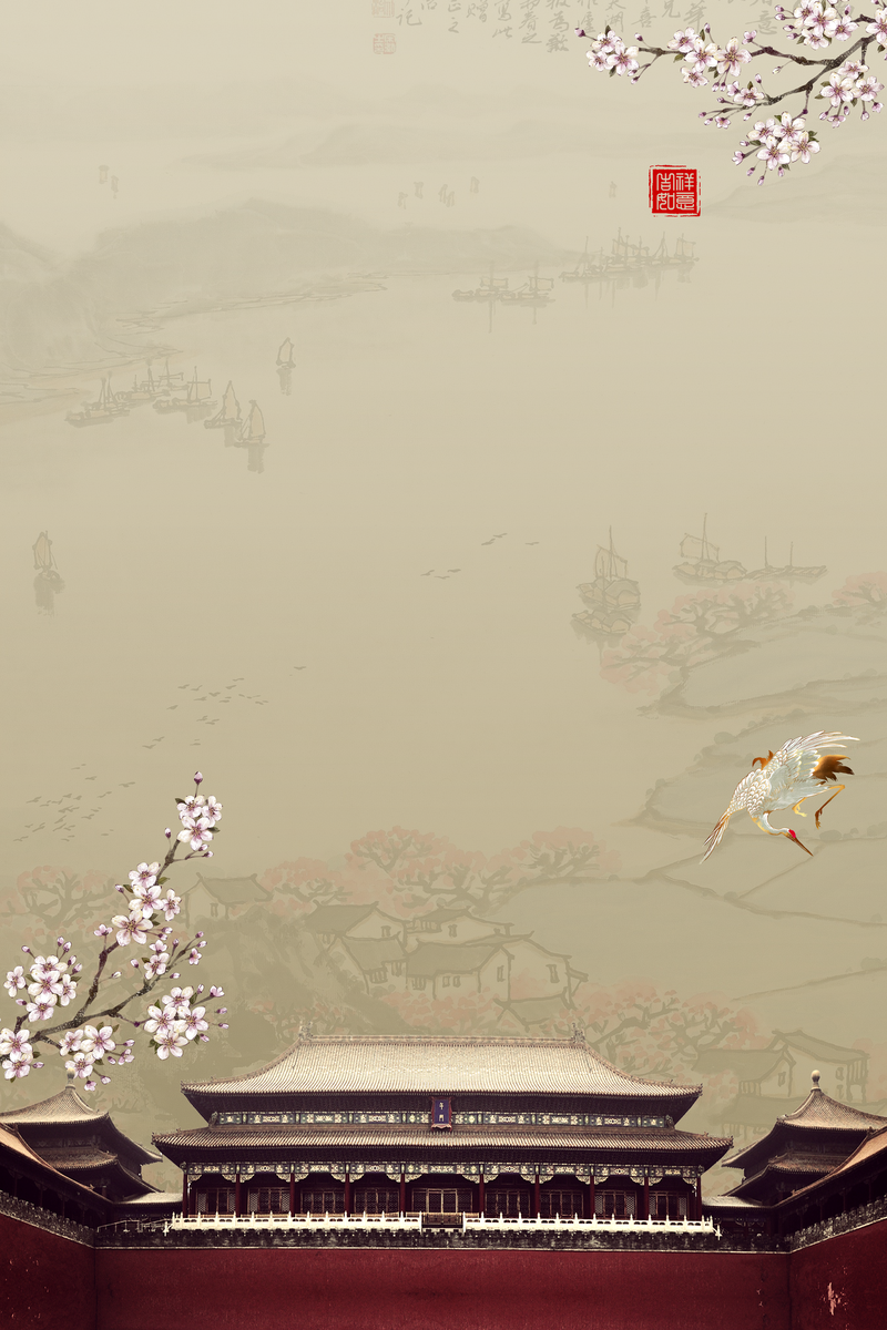 元旦佳节，仙鹤梅花楼阁复古背景，高清JPG/PSD素材下载
