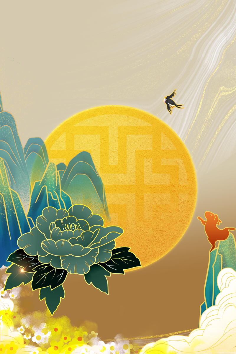 中秋佳节国潮风，月亮山花高清图，复古中国风JPG素材下载