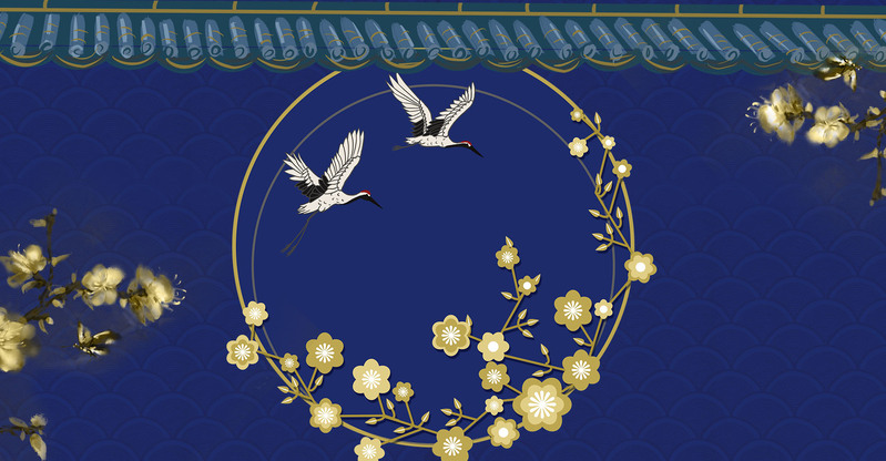 蓝色墙体花卉白鹤背景，复古中国风高清JPG/PSD设计素材下载