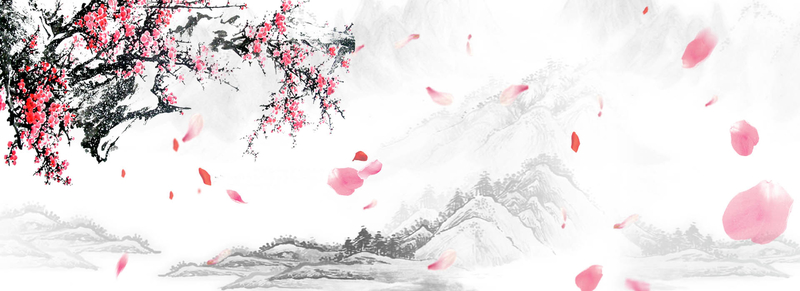 红色水墨梅花群山背景图，复古中国风淘宝高清JPG素材下载