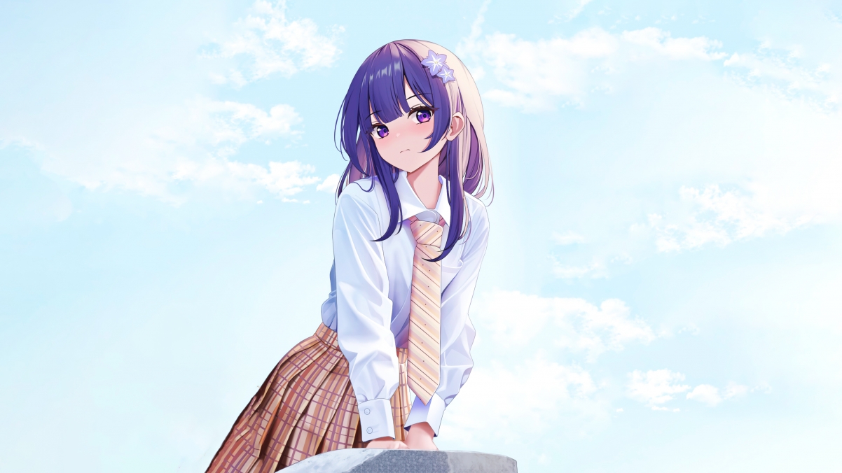 紫发紫眸领带女孩，绝美天空背景，4K超清动漫壁纸，3840x2160高清下载