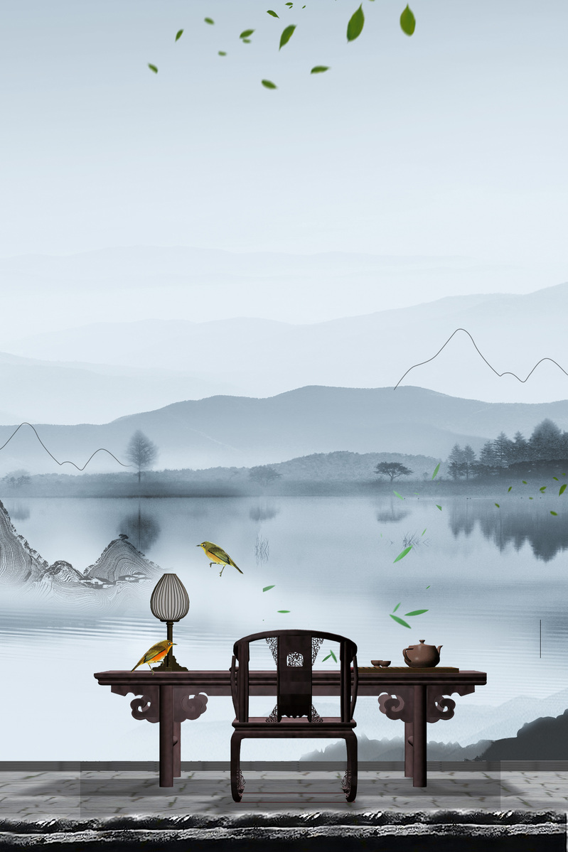 中式水墨山水家具海报背景，复古中国风高清JPG/PSD设计素材下载