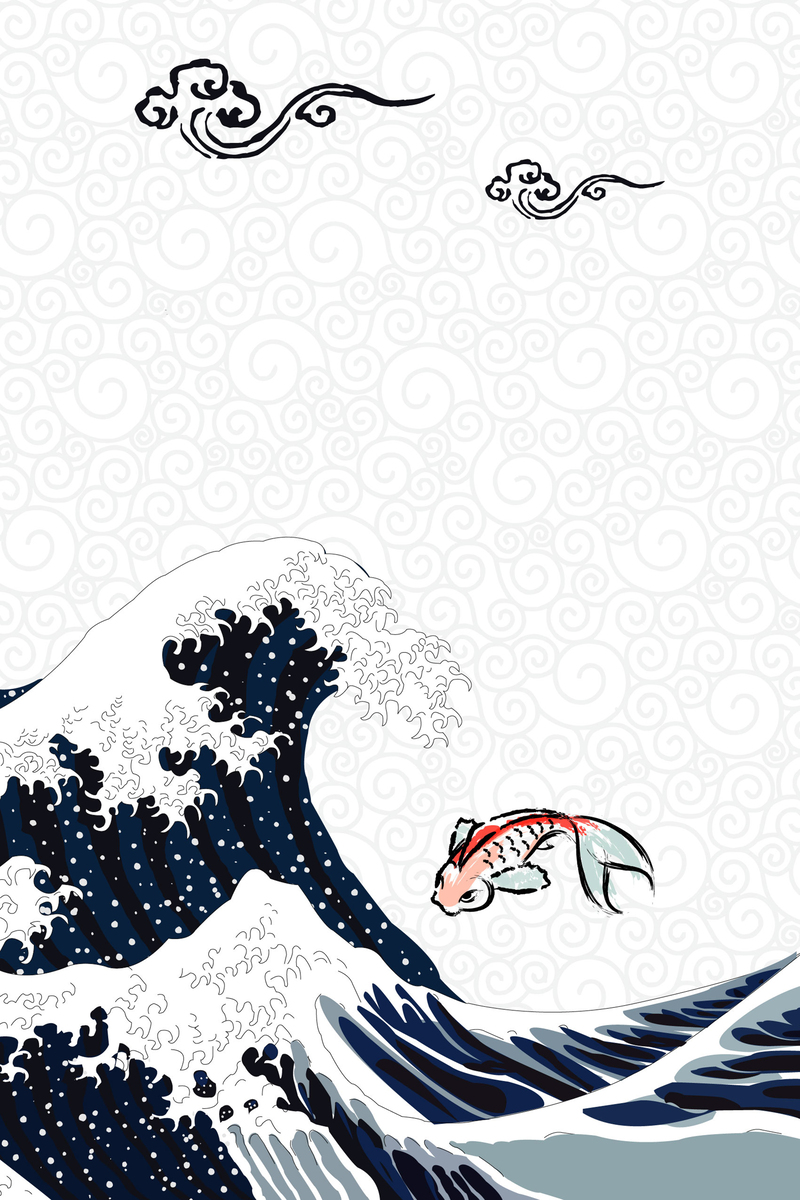 矢量日式古典浮世绘锦鲤背景，复古中国风JPG/AI设计素材高清下载