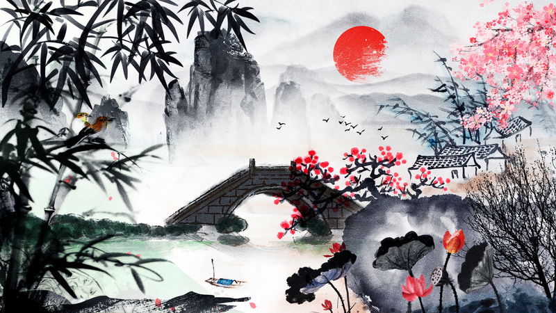 水墨古风竹枝荷花背景图，高清JPG与复古PSD设计素材，一键下载中国风元素