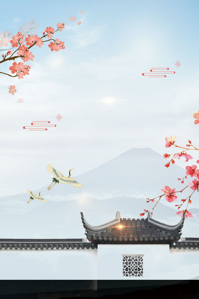 立春中式庭院，浅蓝色手绘春天背景，复古中国风PSD设计素材高清下载