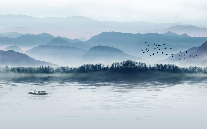 山水船景，复古中国风，高清JPG/PSD设计素材下载