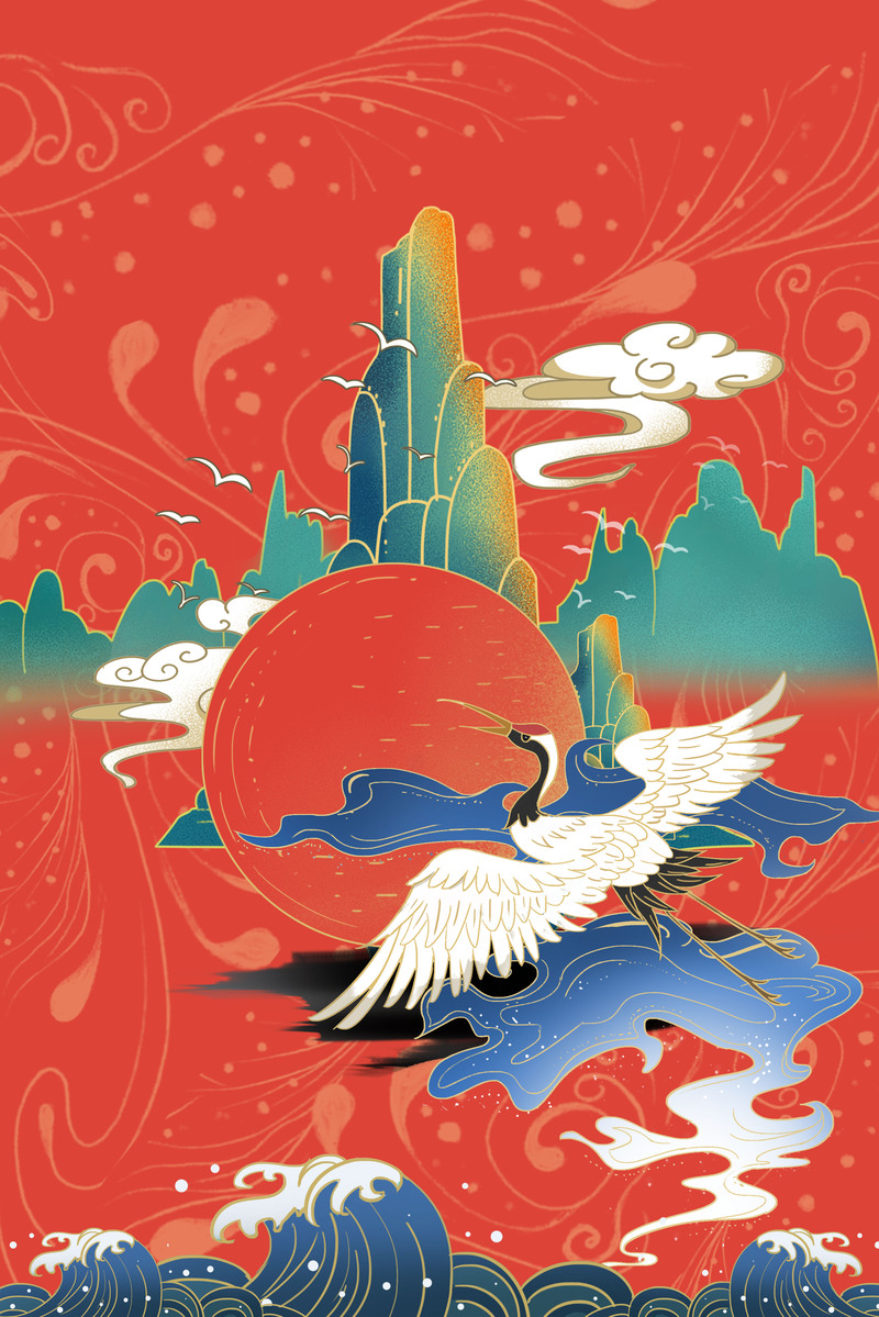 插画素材下载，橘色仙鹤与山景，复古中国风高清JPG/PSD设计元素