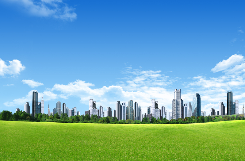 蓝天白云草地城市建筑背景素材，高清JPG与另类PSD设计下载