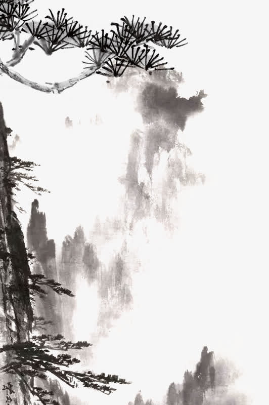 水墨松柏国画PNG素材，高清透明笔触，AI设计元素免费下载