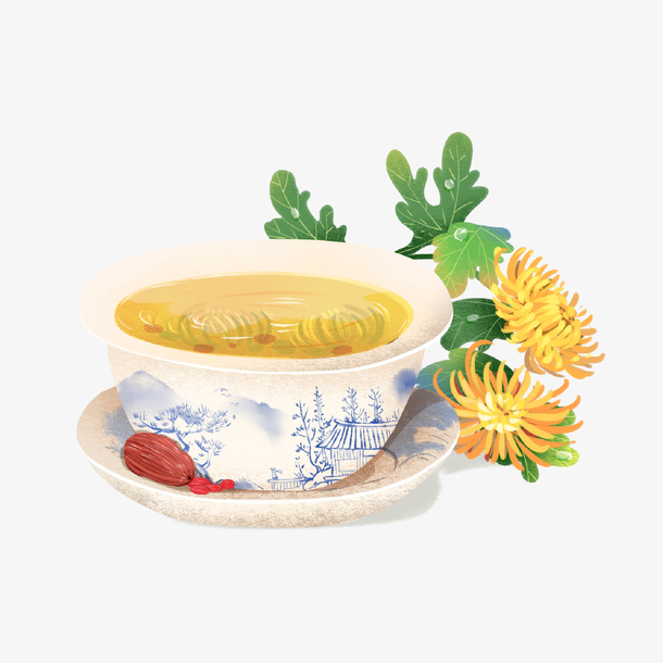 

高清PNG二十四节气寒露与重阳节菊花茶元素透明图片，创意装饰图案素材下载