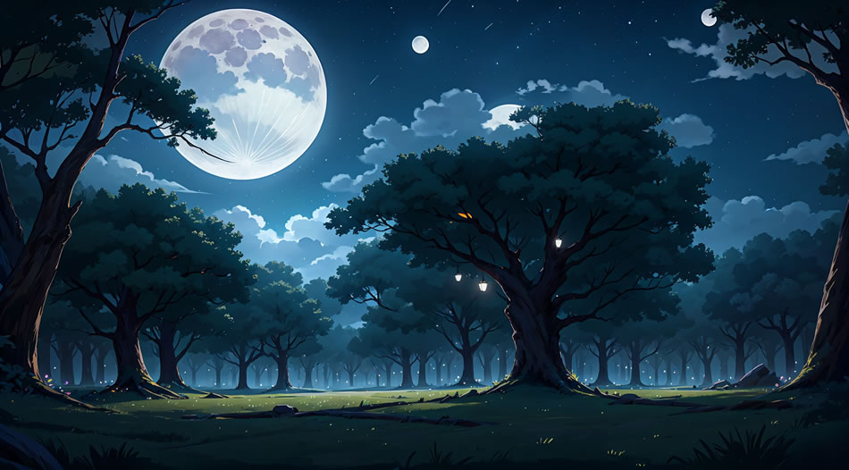 高清月亮下的黑暗森林CG原画壁纸，8K超清动漫美图，分辨率8192x4544，一键下载