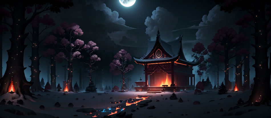 游戏原画，黑夜月色幽暗小屋，超高清8K壁纸，8192x3584分辨率，免费下载
