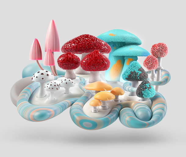 卡通蘑菇PNG透明图，高清下载，灰色背景，多彩手绘设计素材