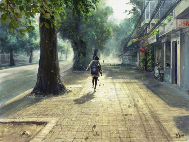 城市街道奔跑女孩PNG素材，高清透明背景，卡通手绘风格，免费下载