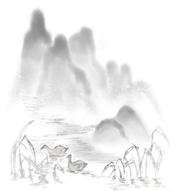 手绘古风水墨鸭子PNG素材，高清透明、卡通手绘元素，免费下载