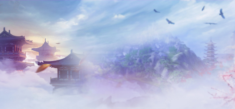 古风建筑梦幻淘宝海报背景，高清JPG/复古PSD素材，中国风设计下载