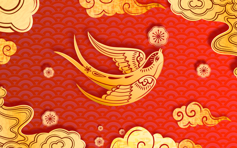 国潮燕子手绘，复古祥云图案，高清JPG与PSD设计素材下载