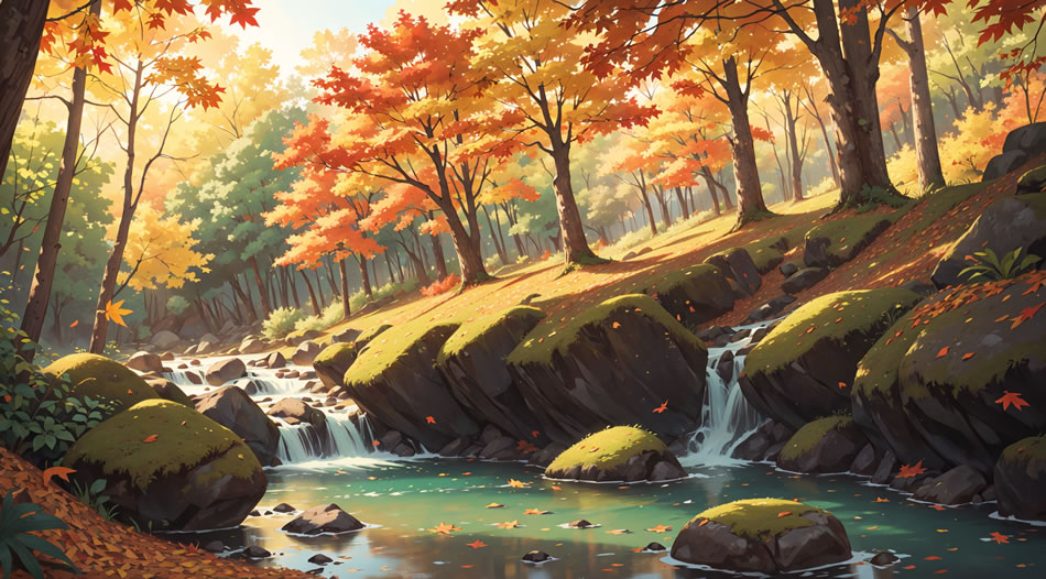 国风动漫原画，森林小溪落叶美景，8K超清4K壁纸，高清8192x4544大图下载