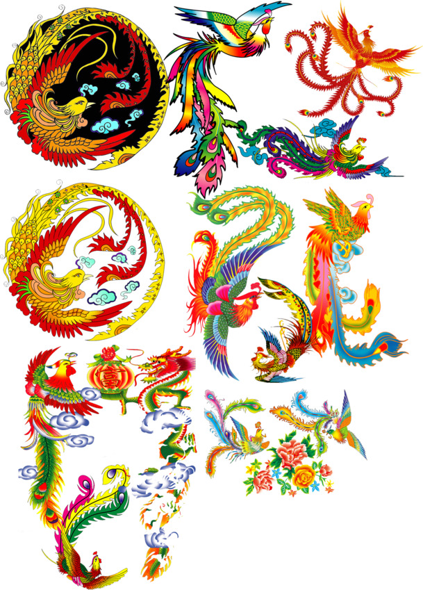 彩色凤凰PNG透明图，高清动物装饰元素，设计素材免费下载
