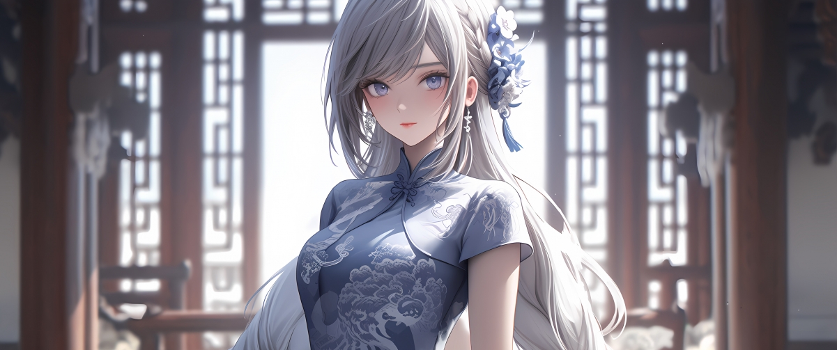 古风蓝衣少女动漫壁纸，绝美4K高清3440x1440大图，一键下载！