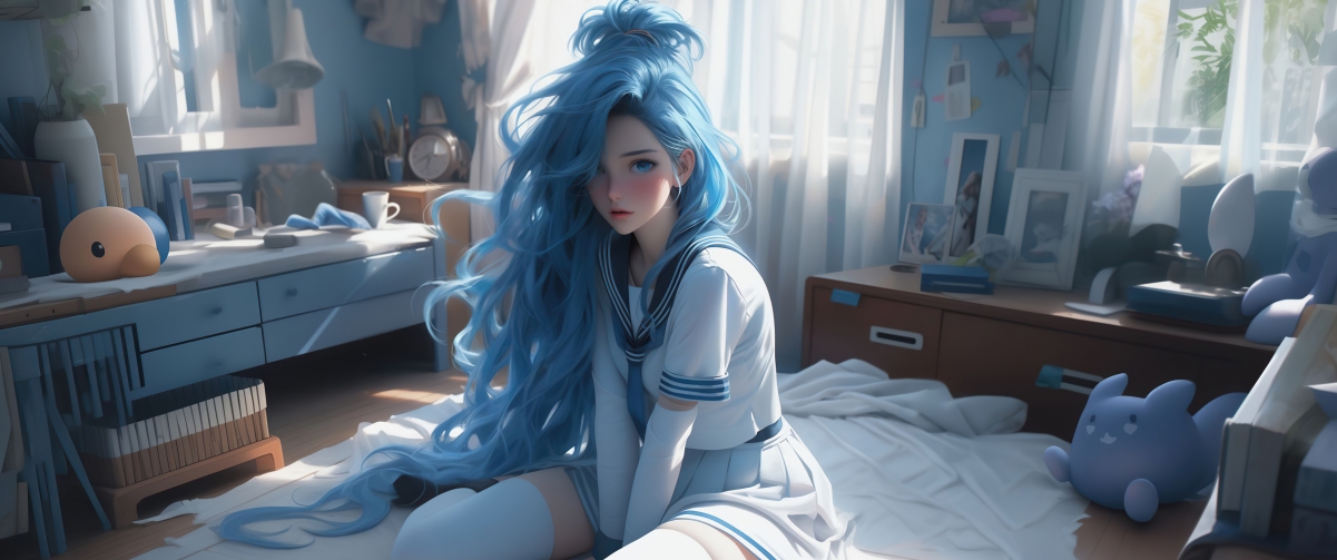 金克丝蓝色长发绝美壁纸，3440x1440带鱼屏4K高清动漫图片，房间主题，一键下载