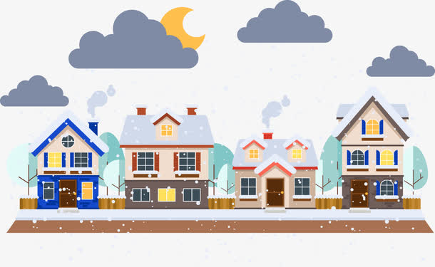 下雪小村镇PNG透明图，高清节日素材，圣诞节设计必备！
