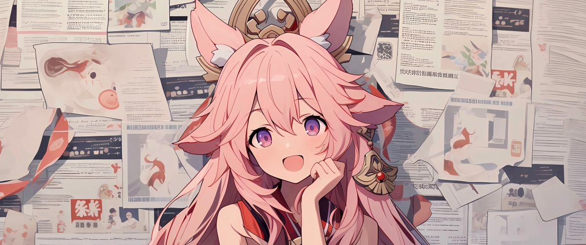 报纸墙八重神子4K带鱼屏动漫壁纸高清3440x1440下载