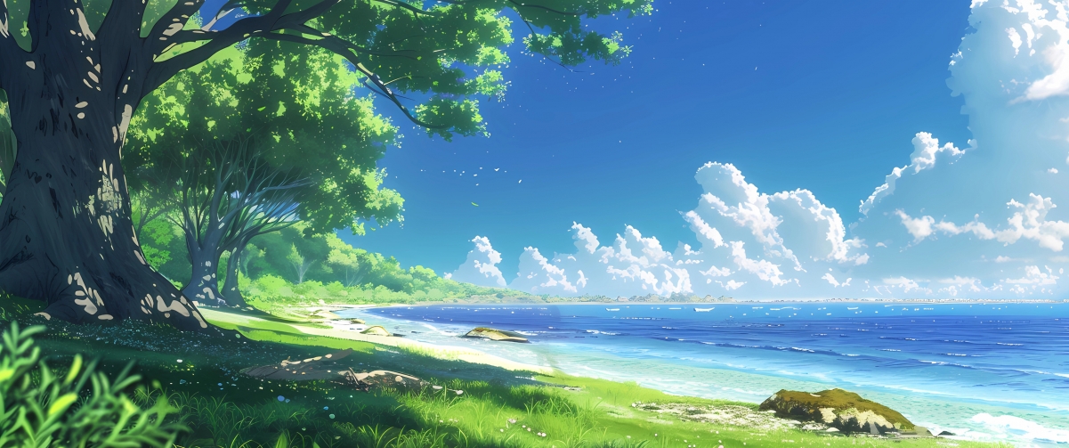 清凉一夏，绝美海边风景4K带鱼屏壁纸，高清3440x1440下载